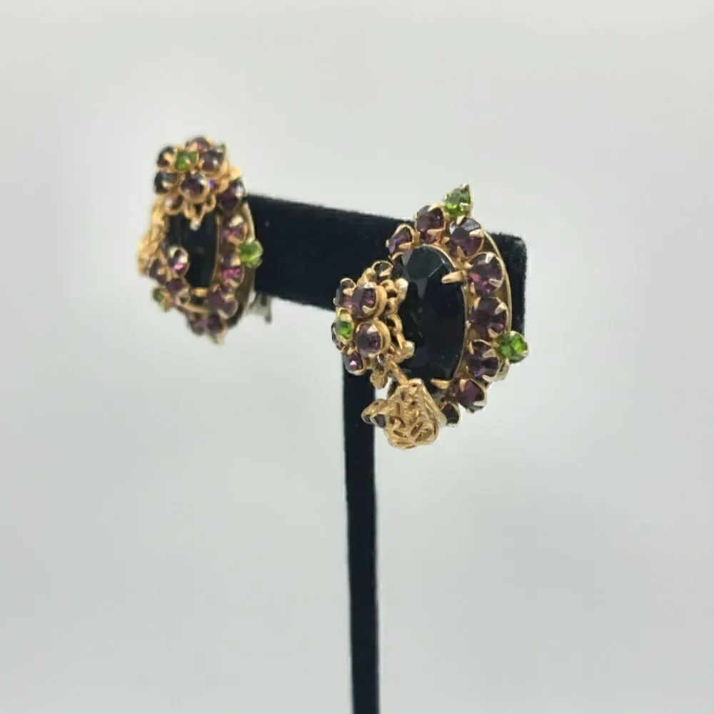 Vintage Gold Peridot Amethyst floral fillagree clip on earrings